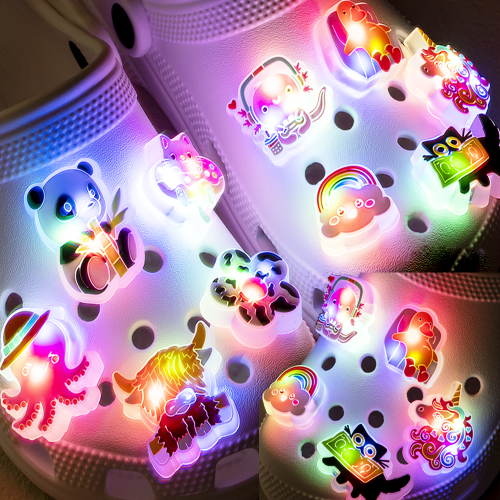 Image of Glowing Pink Heart LED Shoe Charms with Cute Butterfly and Cat Pins – Fun Footwear Accessories for Girls' Shoes, Clogs, and Game Handles