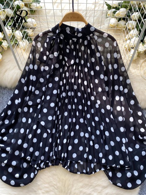 Image of SINGREINY Autumn Leopard Print Blouse Women Bow Neck Long Sleeves Loose Top Korean Style Ins Polka Dot Chiffon Shirt 2025