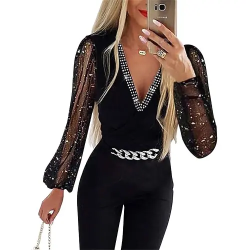 Image de Combinaison Femme Col V Manches Longues Taille Haute Y2K