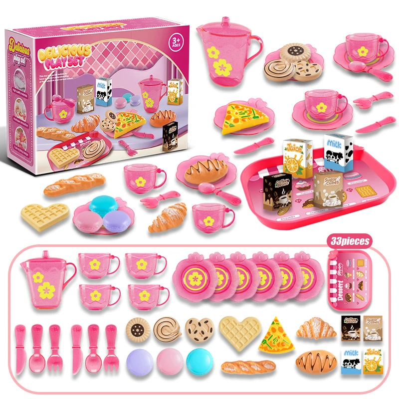Imagen de Juego de té de juguete para niñas pequeñas, juego de fiesta de té, juguetes para niños y niñas, juego de simulación, comida de cocina, aperitivos en miniatura, juegos de té de la tarde, Juguetes