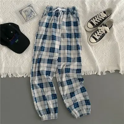 Image de Pantalon Sarouel Femme Harajuku Noir à Carreaux - Style Streetwear Été