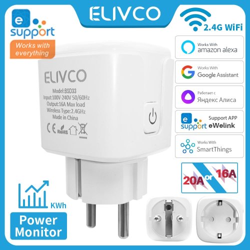 Afbeelding van Ewelink 16A/20A Smart Plug WiFi EU Stopcontact met Energie Meter, Timerfunctie en Ondersteuning voor Alexa, Google Home, Alice, SmartThings & IFTTT