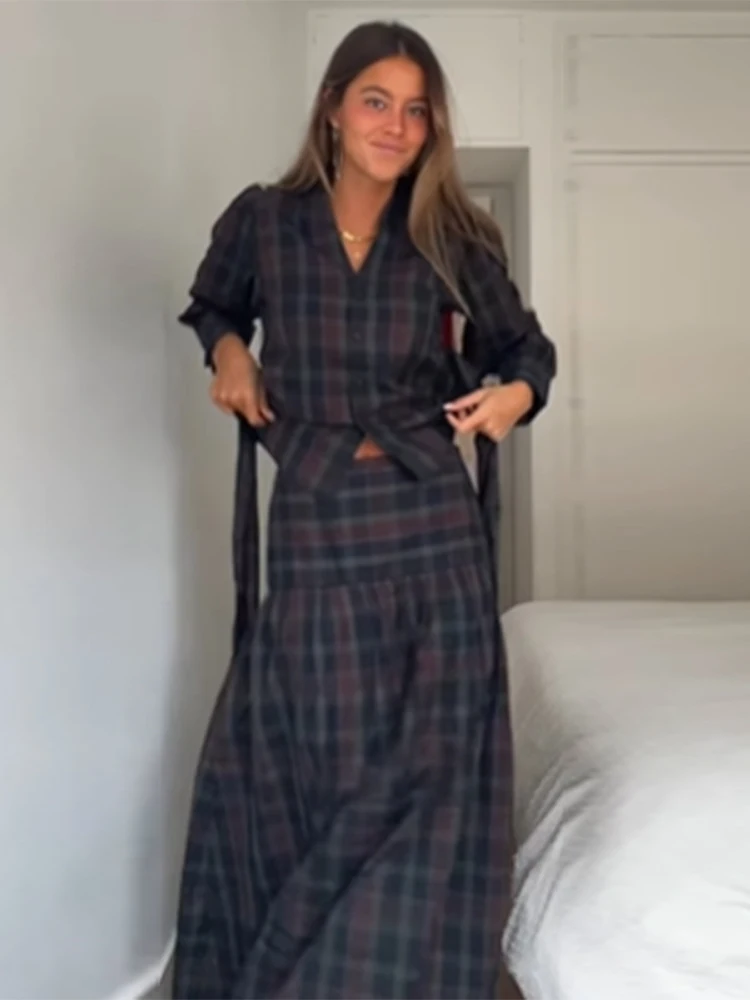 Imagen de Traje informal plisado a cuadros con cordones para mujer, conjunto ajustado elegante con mangas largas acampanadas, trajes de viaje para oficina de otoño 2025