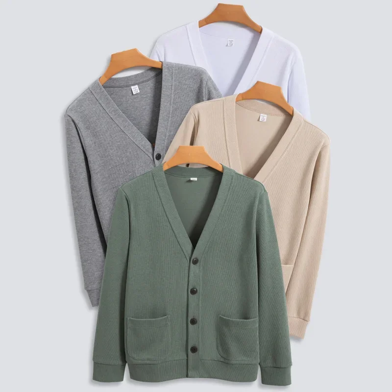 Imagen de Suéter Cárdigan Hombre Otoño 2025 - Tejido Sólido Casual con Cuello Pico, 80% Algodón, Moda Coreana para Hombres