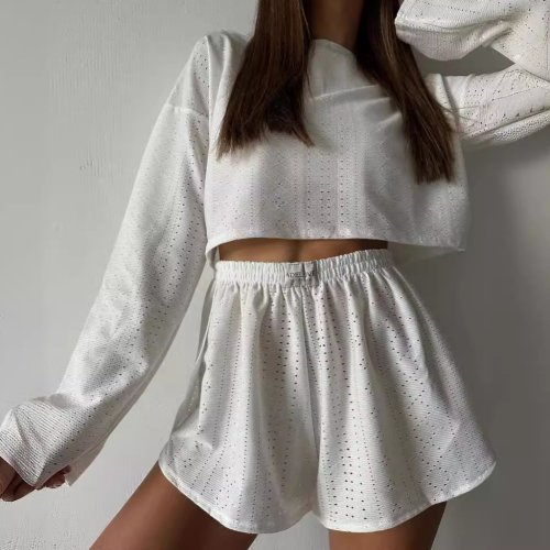 Afbeelding van Zomerse Pyjama voor Dames met Lange Mouwen - Uitgeholde Top en Broek, 2-delige Set voor Comfortabel Slaap- en Loungekleding
