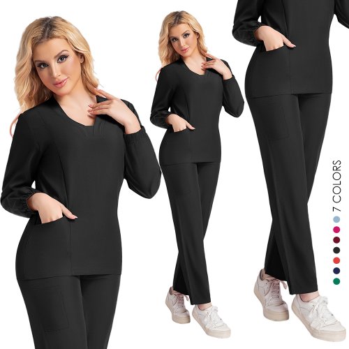 Afbeelding van Comfortabele Lange Mouw Verpleegster Uniform Set met V-Hals Top en Jogger Broek - Professionele Scrub Kleding voor Ziekenhuis, Tandartspraktijk en Medische Werkomgeving