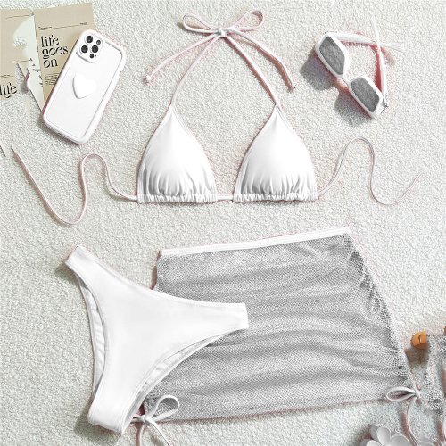 Zdjęcie Solidny Brązowy Strój Kąpielowy Stringi Halter Trójkątowy Zestaw Bikini 3-częściowy Seksowny Kostium...