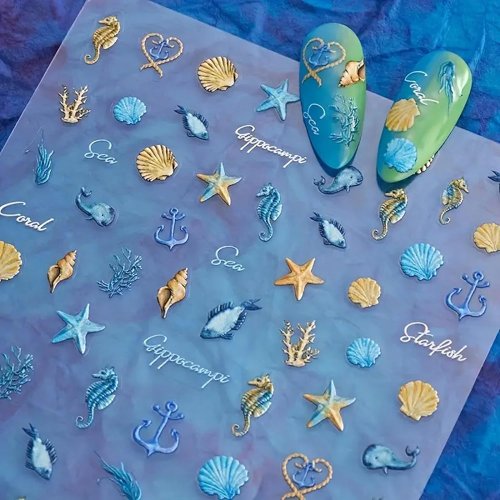 Image of Ocean-Inspired 5D Embossed Nail Art Stickers with Starfish and Seashell Designs for Summer Manicures
