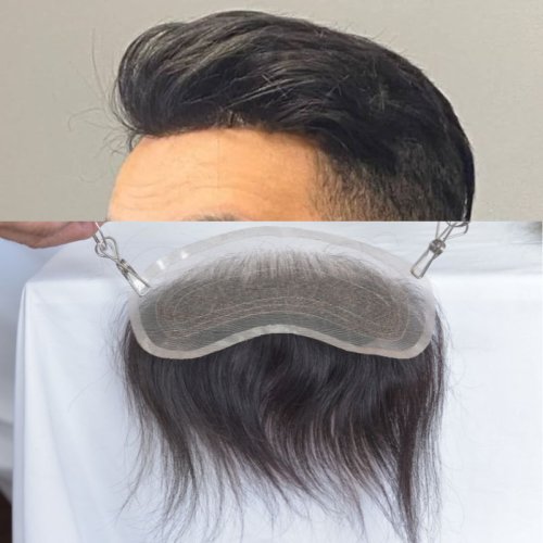 Image of Natural Looking Men's Swiss Lace Frontal Toupee with V-Shaped Hairline - 100% Human Remy Hair, Bleached Knots, 4x18cm Size, Color 1B