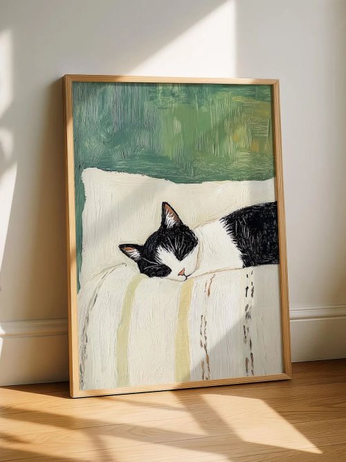 Imagen de Impresión artística de pared de gato esmoquin durmiente: pintura de gato blanco y negro, decoración de regalo de cartel de gato sin marco
