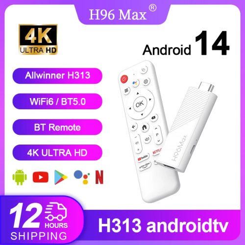 Zdjęcie H96 Max H313 Mini TV Stick z Androidem 14, czterordzeniowy procesor, WiFi 6, Bluetooth 5.0, obsługa 4K 60fps, launcher ATV, asystent głosowy Google, odtwarzacz multimedialny z AI