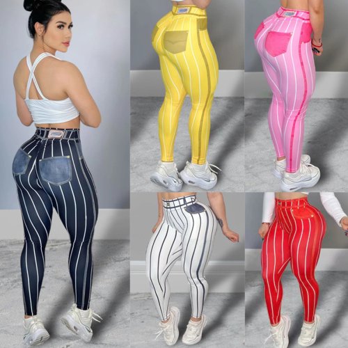 Image of High-Waisted Stripe Print Yoga Leggings for Women – Stretchy, Form-Fitting Workout Pants with Push-Up Effect for Gym, Fitness, and Casual Wear