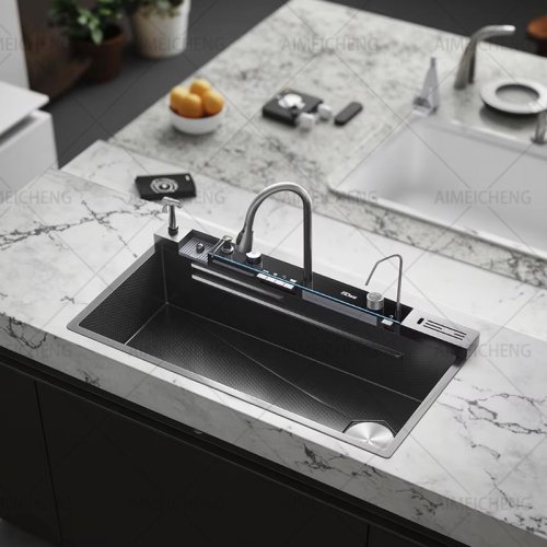 Image of Premium Stainless Steel Waterfall Kitchen Sink with Built-In Knife Holder and Digital Display Faucet Set – Embossed Extra Large Single Bowl Design