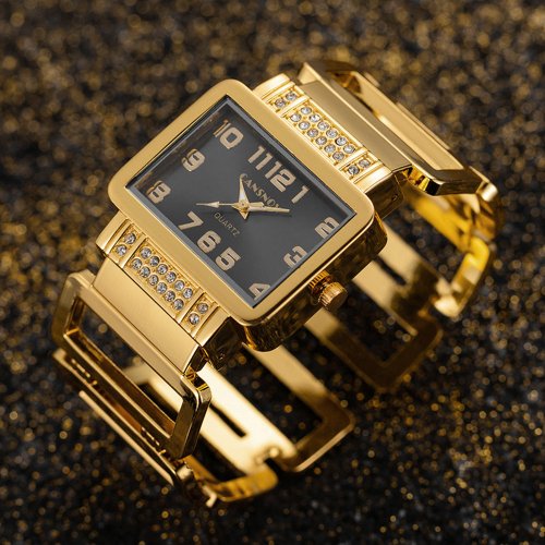 Imagen de Reloj de Pulsera Cansnow Rectangular para Mujer, Diseño Elegante en Dorado y Plateado con Diamantes de Imitación, Reloj de Moda Femenino de Cuarzo con Correa de Acero Hueco