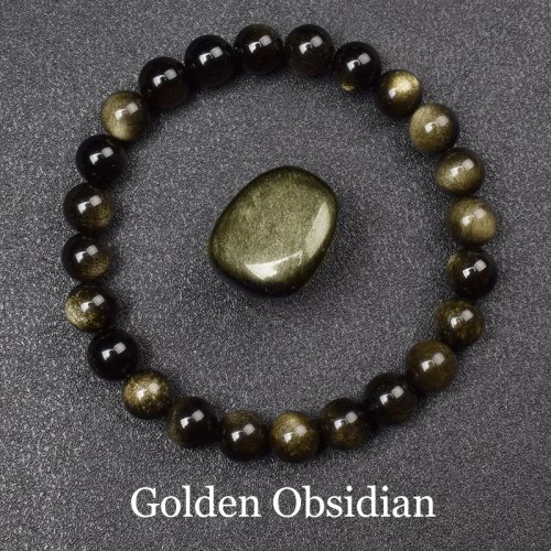 Immagine di Bracciale in Pietra di Ossidiana Dorata Naturale con Perline Rotonde - Gioiello Energizzante per Uomo e Donna con Luce Arcobaleno
