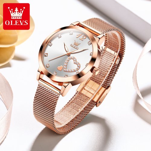 Bild von Elegante Damen-Armbanduhr mit Quarzwerk – Wasserdichte Modeuhr mit leuchtendem Mesh-Armband, Zirkon-Zifferblatt und romantischem Liebesdesign