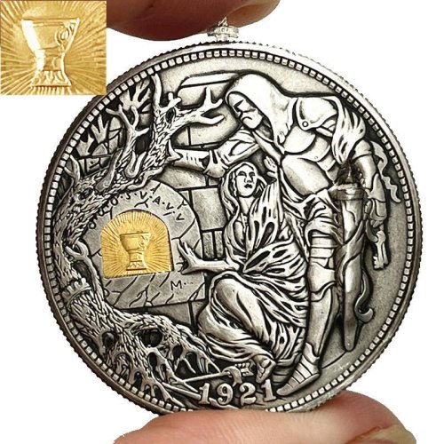 Image of Hand-Crafted Magic Coin with Movable Holy Grail Mechanism – Vintage Hobo Nickel Morgan Dollar Inspired Roman Booteen Wandering Sword Collectible