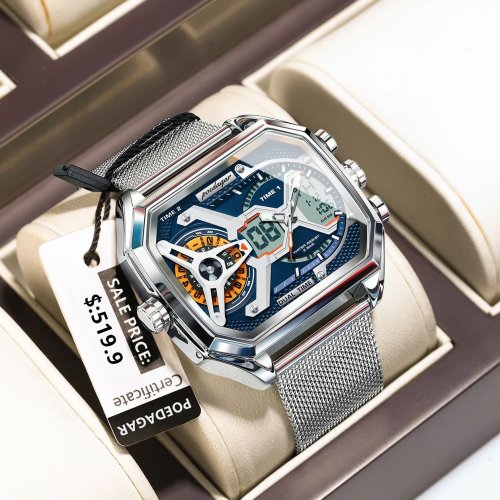 Imagen de Reloj de Hombre Moderno con Pantalla LED, Caja Rectangular, Resistente al Agua y Función de Fecha y Semana, Correa de Acero Inoxidable con Malla