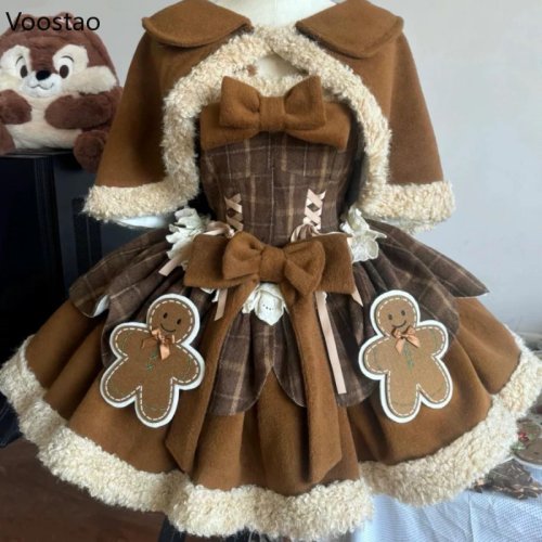 Immagine di Abito Lolita Giapponese Autunno-Inverno per Donna: Mantello Chic con Cinturino, Patchwork in Peluche, Stile Harajuku Kawaii e Design Natalizio Dolce