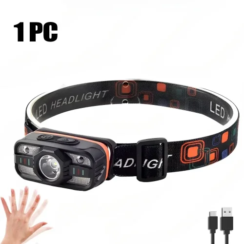 Imagen de Linterna frontal LED recargable por USB, luz portátil con batería integrada, 6 modos de iluminación,...