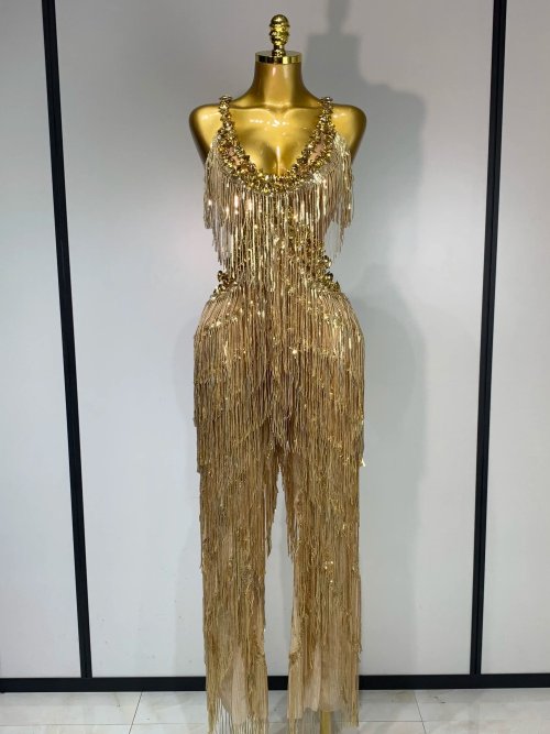 Bild von Frauen Sparkly Gold Strass Pailletten Fringe Overall Sexy Nachtclub Party Geburtstag Outfit Zeigen Sänger Bühne Führen Kostüm