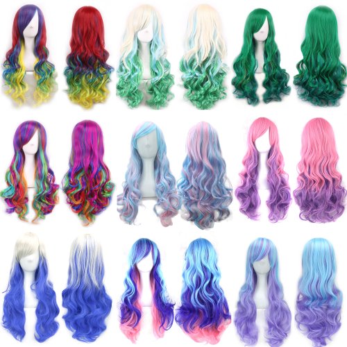 Afbeelding van Soowee synthetisch haar ombre regenboog cosplay pruik met pony rood geel paars groen blauw pruiken voor zwarte vrouwen