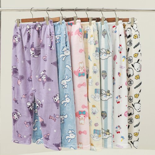 Image of Cozy Kawaii Flannel Pajama Pants with Sanrio Kuromi Print – Loose Wide Leg Comfortable Home Wear for Women