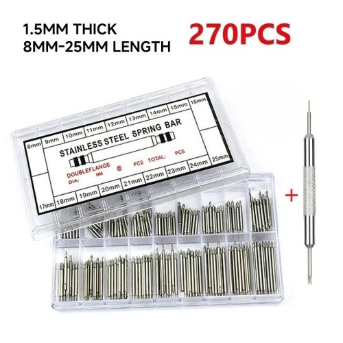 Imagen de 270 unids/set barras de resorte de acero inoxidable diámetro 1,5mm longitud 8mm - 25mm/correa de reloj herramientas de reparación de relojes Pin