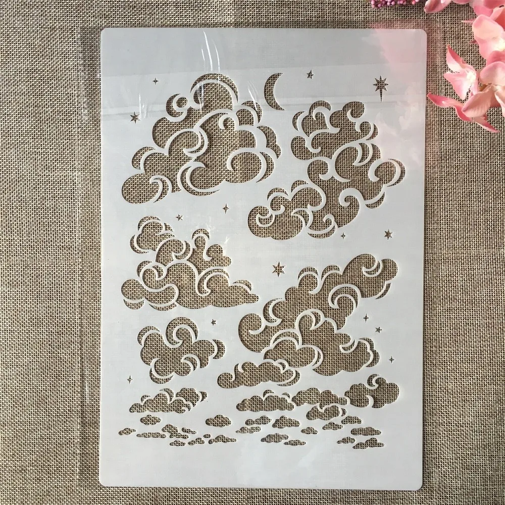 Afbeelding van Diy Creatieve Sjablonen Set met Wolken, Maan en Sterren – A4 Gelaagde Stencils voor Muurschildering, Kleurboek, Embossing en Decoratie