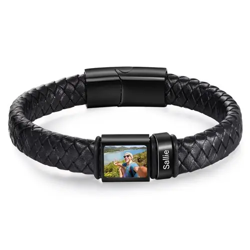 Image de Bracelet Photo Personnalisé Homme - Cuir & Gravure