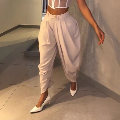 Imagen de Pantalones de Mujer de Cintura Alta, Modelo Suelto y Drapeado Irregular, Diseño Casero con Pies Pequeños, Color Sólido para Estilo Diario