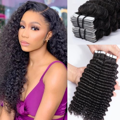 Immagine di Estensioni Capelli Umani Ad Onda Profonda con Nastro Biadesivo Nero - Capelli Vergini Naturali Ricci e Ondulati