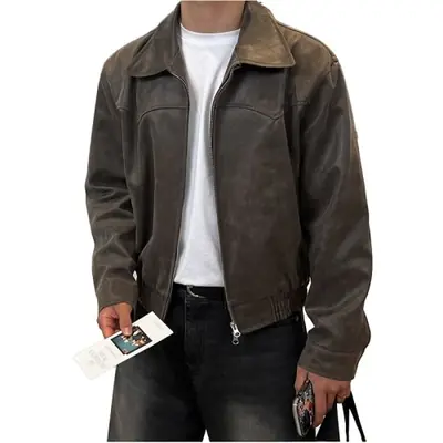 Image de Veste Homme Vintage Cuir PU Marron Délavé