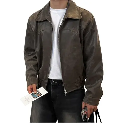Image de Veste Homme Vintage Cuir PU Marron Délavé