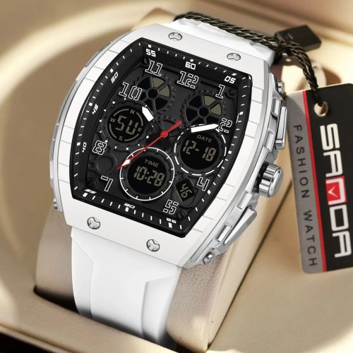 Imagen de Reloj Digital Sanda Tonneau con Esfera para Hombre, Reloj de Pulsera Deportivo Militar del Ejército, Reloj LED Multifuncional de Silicona Resistente al Agua