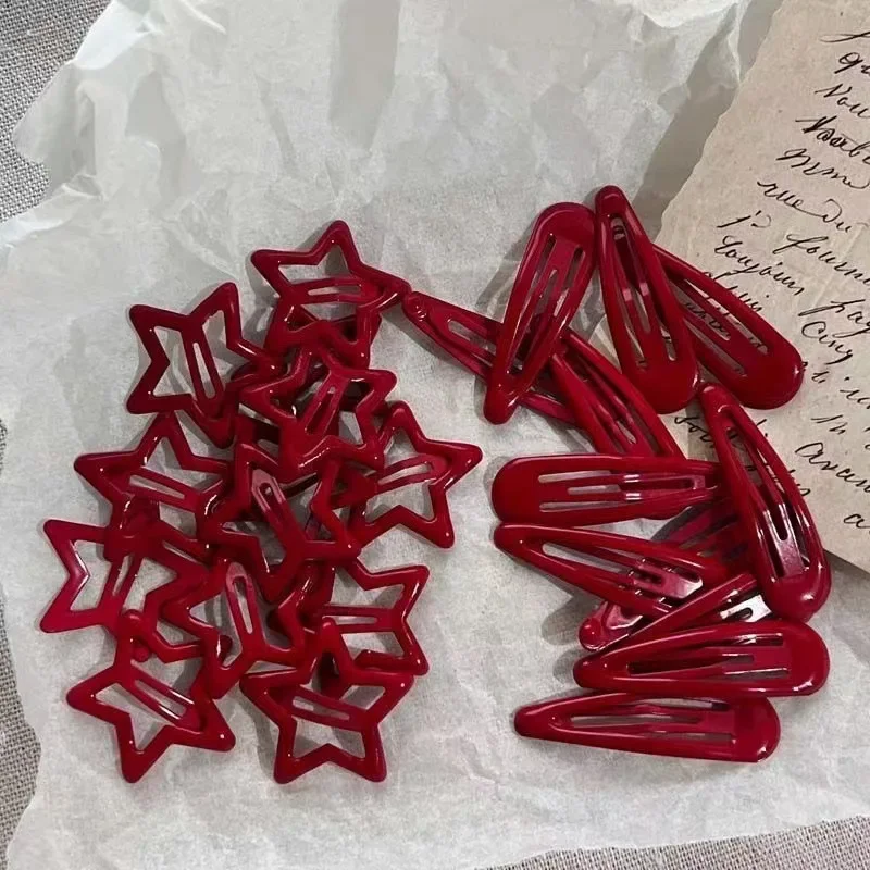 Imagen de Lote de 10 clips de pelo con diseño de estrella roja y gota de agua, horquillas negras y plateadas, accesorios kawaii para niñas y mujeres
