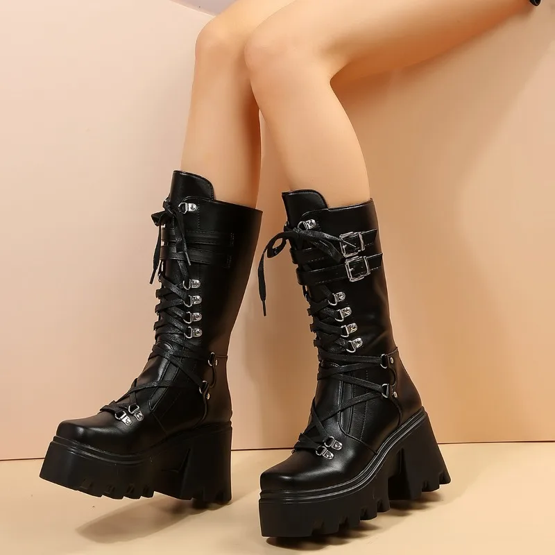 Image of Winter 2024 Women's Fashion Mid-Calf Lace-Up High Platform Wedge Boots in Solid Color