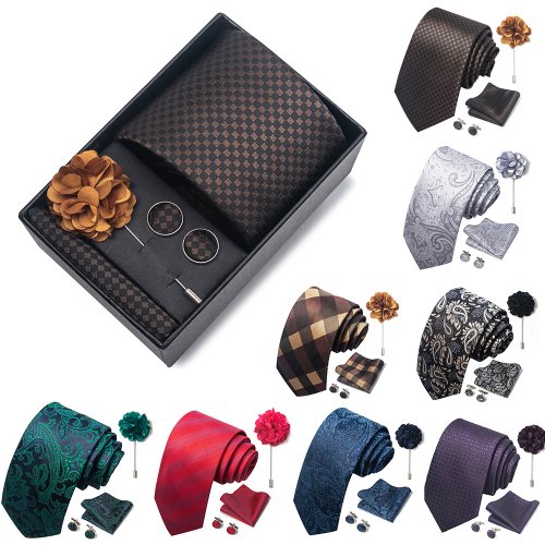 Image of New Designer Blue Red Green Paisley Ties For Men Wedding Party Neck Tie Luxury Tie Pocket Square Cufllink Brooch Set