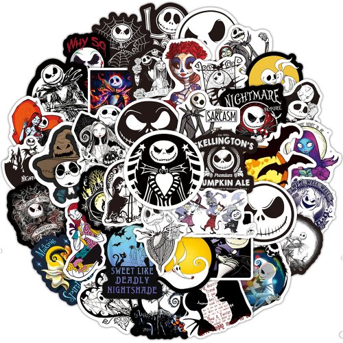 Immagine di Adesivi Halloween Disney Nightmare Before Christmas – Set da 10, 30, 50 o 100 Pezzi per Laptop, Chitarra, Bagagli, Telefono e Decorazioni Graffiti per Bambini