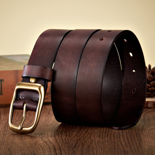 Immagine di Cintura Uomo in Vera Pelle di Vitello Naturale 3,3 cm - Cintura da Uomo Business con Fibbia in Rame, Stile Casual per Jeans e Abbigliamento Cowboy