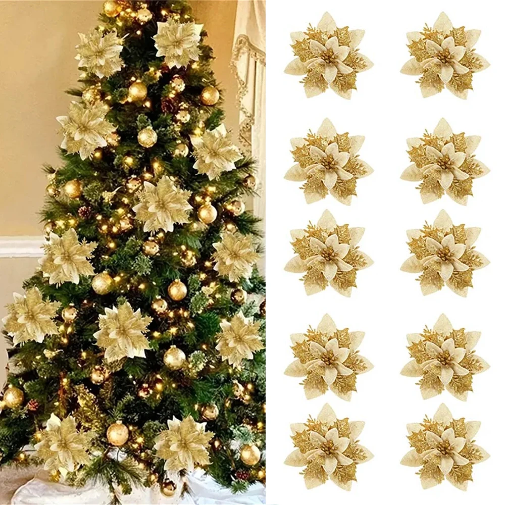 Bild von 14 cm große Weihnachts-Glitzer-Blumenornamente, rosa, rot, gold, glitzernde künstliche Blumen für den Weihnachtsbaum, Weihnachtsdekoration für Zuhause