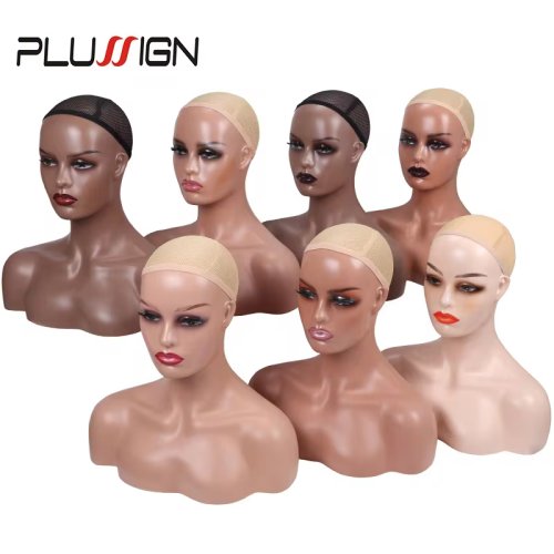 Image of Wholesale 4Pcs/Box Female Realistic Mannequin Head With Shoulders African Wig Display Model Dark Brown Doll Head For Hat Glasses
