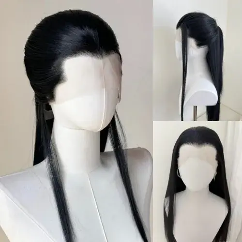 Image de Perruque synthétique noire 26 pouces, dentelle frontale, cheveux raides résistants à la chaleur