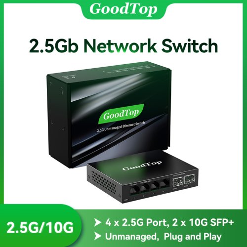 Zdjęcie Przełącznik sieciowy GoodTop 2.5Gbe z 4 portami RJ45 2.5G i 2 portami SFP 10G – bez Wentylatora, Plug & Play, Niezarządzany, do Montażu na Ścianie