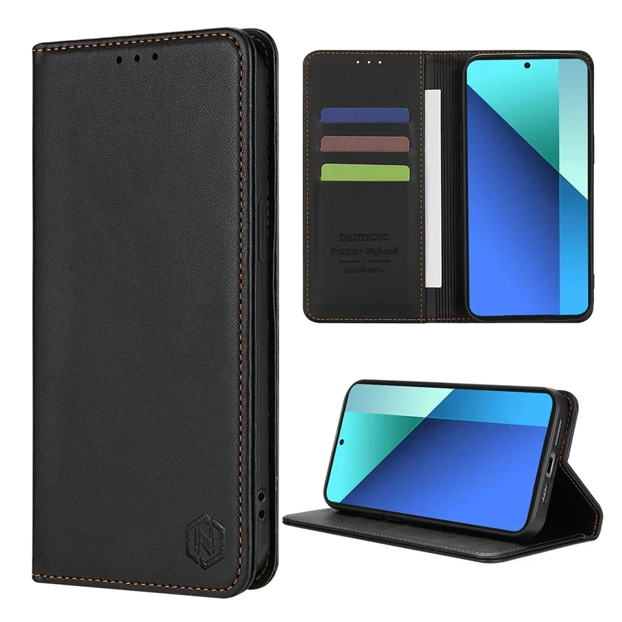 Zdjęcie Portfel Przyjazny dla skóry Mocne magnetyczne etui z klapką na kartę Xiaomi Redmi Note 13 Pro+ 12 12S 11 11S 10 9 Pro 8T 7 Cover