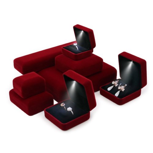 Imagen de Caja de Joyería LED con Terciopelo Rojo Vino, Caja Colgante para Anillos de Boda y Pendientes, Cajas de Embalaje Premium con Logotipo Personalizado Gratis
