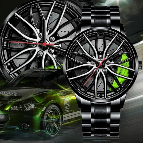 Immagine di Orologio da Uomo Sportivo alla Moda con Cinturino in Acciaio Inossidabile e Design 3D a Forma di Ruota da Auto - Orologio al Quarzo Resistente e Stile Moderno