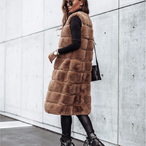 Imagen de Chaleco largo de piel sintética para mujer, abrigo sin mangas con cintura alta, cuello redondo, diseño elegante en color sólido para otoño e invierno