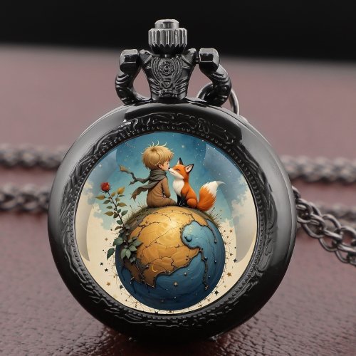 Imagen de Reloj de Bolsillo Vintage con Cúpula de Cristal del Principito y el Zorro, Esfera con Números Árabes, Collar con Cadena para Hombres, Mujeres y Niños – Regalo Único y Elegante