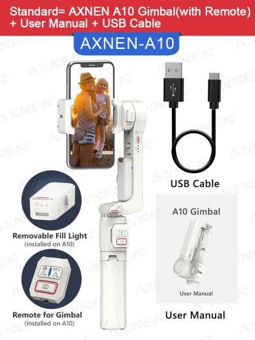 Imagen de Estabilizador de cardán portátil AXNEN A10 para teléfono inteligente con varilla de extensión de luz de relleno palo